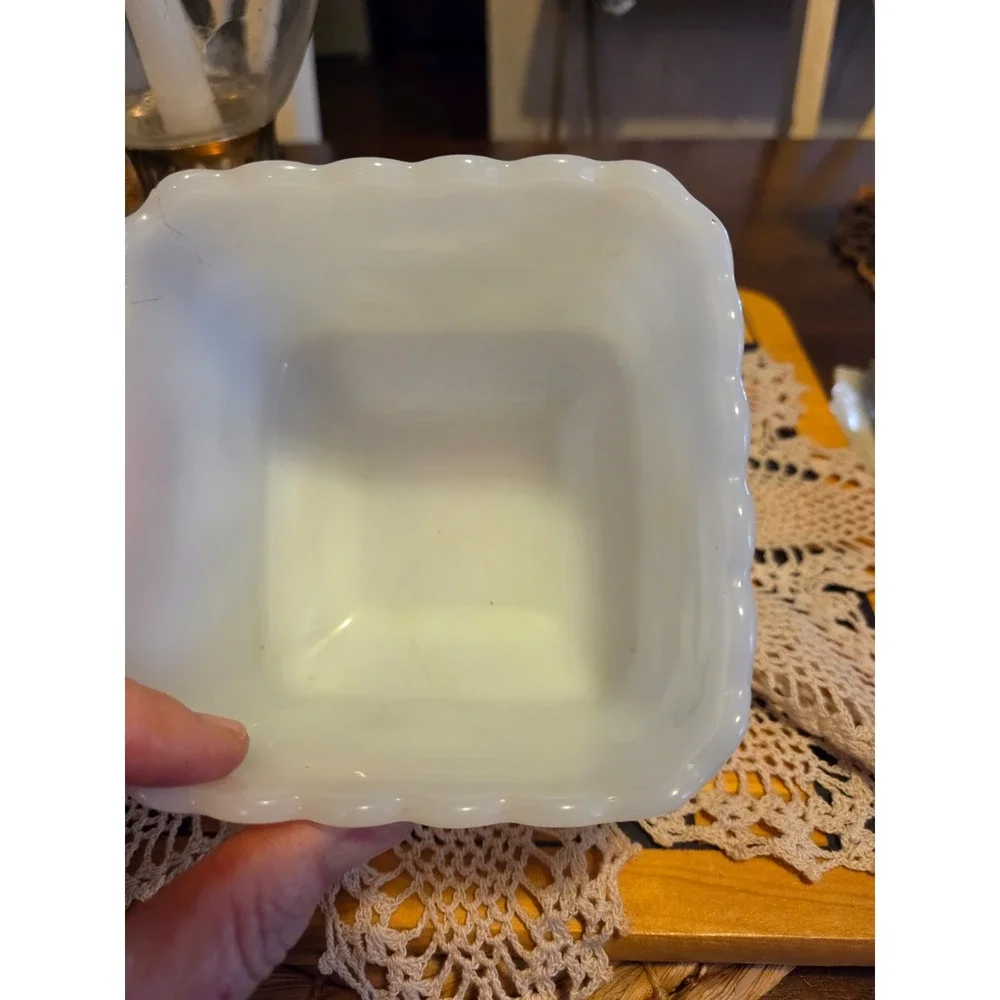 vintage Anchor Hocking white milk glass square footed planter featuring a scallo